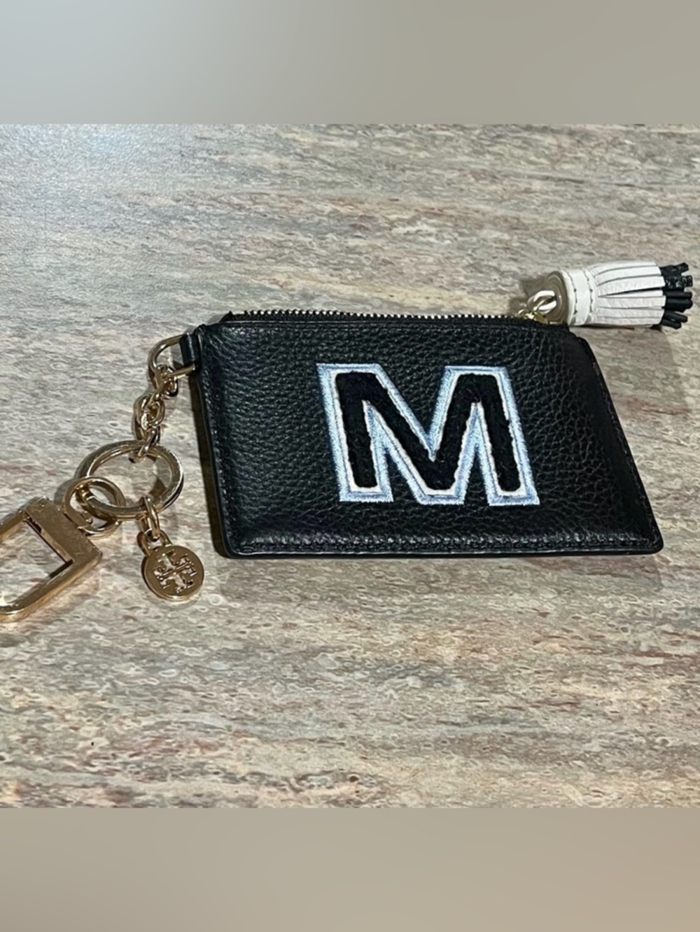 Tory Burch M initial mini pebble grain leather purse with clip